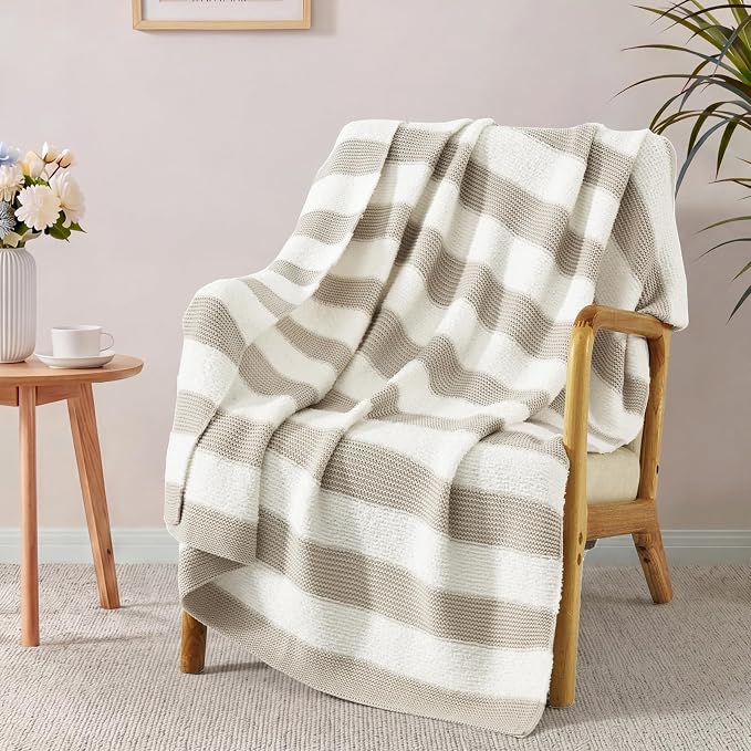 WRENSONGE Soft Throw Blanket for Couch-Cozy Reversible Knitted Blankets | Lightweight Warm Fluffy Decor for Women, Mom, Her & Girls, Sofa, Chair, Bed, 50x60in, Feather Yarn Khaki
