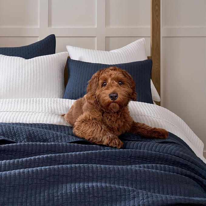 Levtex Home Cross Stitch Reversible Full/Queen Quilt Set (88x92in) with 2 Pillow Shams (26x20in) - Stitch Texture - Navy - Cotton Full/Queen Size Quilt Bedding Set - Lightweight, Soft, Pre-Washed