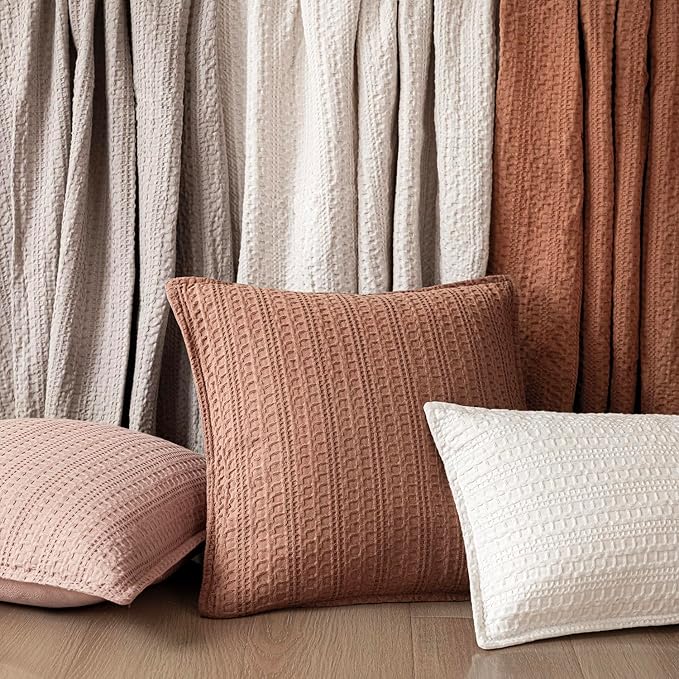 Foindtower Set of 2 Decorative Cotton Waffle Weave Lumbar Throw Pillow Covers Euro Shams Cushion Covers Accent European Pillowcase for Bed Couch Bedroom Living Room Home Decor 12×20 Inch Coral Pink
