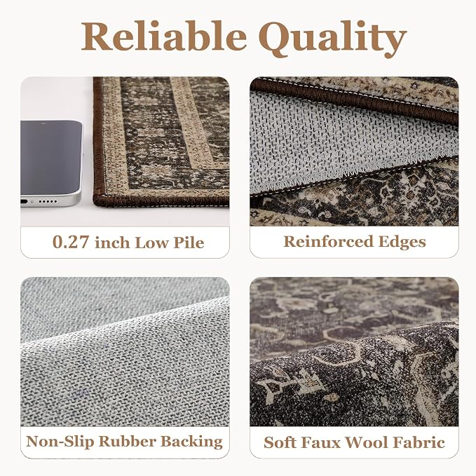 Dark Washable Entryway Rug 2x3, Mid-Century Modern Print Kitchen Bathroom Rugs, Vintage Classic Small Rug for Bedroom, Ultra Thin Door Mat Indoor Entrance Non Slip, Earth Tone Brown/Black/Beige