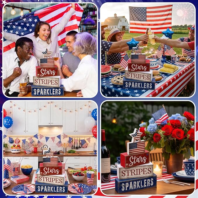 CroBlissful 5 Pcs 4th of July Decorations Patriotic Memorial Day Tabletop Decoration Red White Blue Table Centerpieces Stars Stripes Sparklers Sign for Office Tiered Tray Home Shelf 250th Anniversary