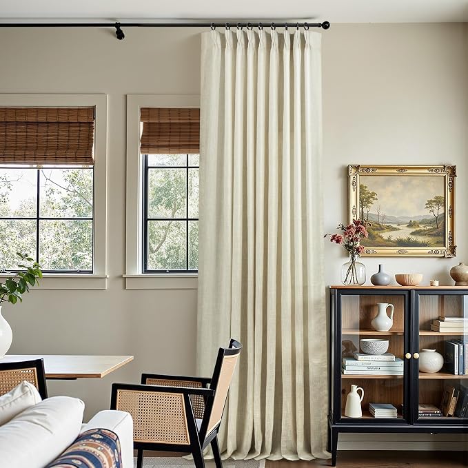 Beige Pinch Pleat Linen Curtains 84 Inch Length 2 Panels for Bedroom Living Room Light Filtering 60 Inch Wide Curtain Farmhouse Flax Linen Pleated Drape for Patio Sliding Door Back Tab 60x84 Long Ecru