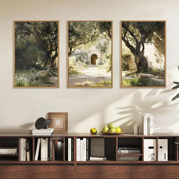 Garden of Gethsemane Landscape Framed Canvas Wall Art, Jerusalem Town Villages Scenery Prints, Jesus Boho Religious Decor, Christian Bible Art Painting for Bedroom Living Room Office 24"x36"x3