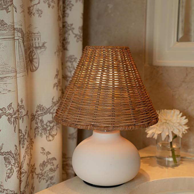 11" Small Table Lamp – Handmade Ceramic Cream Base with Wicker Rattan Shade, Dimmable Plug-in Nightstand Light for Bedroom, Kitchen Counter, or Small Spaces – Boho Japandi Organic Decor