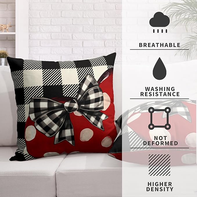 Valentines Day Throw Pillow Covers 16x16 Buffallo Plaid Valentines Pillow Covers Polka Dot Red Love Heart with Bow Decoarative Pillow Case for Living Room Couch Sofa