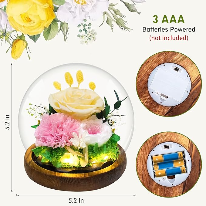 MOKOQI Yellow Rose Birthday Gifts for Women | Mothers Day Gifts for Mom Grandma - Preserved Real Rose in Glass Dome with LED Strip | Fresh Flowers for Delivery on Birthday