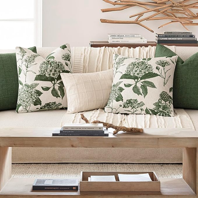 Foindtower Set of 2 Linen Floral Throw Pillow Covers Neutral Vintage Print Decorative Cozy Cushion Covers Farmhouse Boho Home Decor for Sofa Chair Couch Bedroom Living Room,24×24 Inch,Dark Green