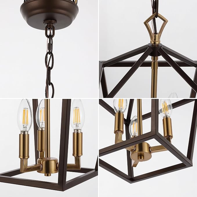 JONATHAN Y 10" Oil Rubbed Bronze/Brass Gold 3-Light Pagoda LED Pendant Lantern, Classic Modern Farmhouse Chandelier for Kitchen Island, Dining Room, Entry, Foyer, Rustic Iron Frame (JYL7601D)