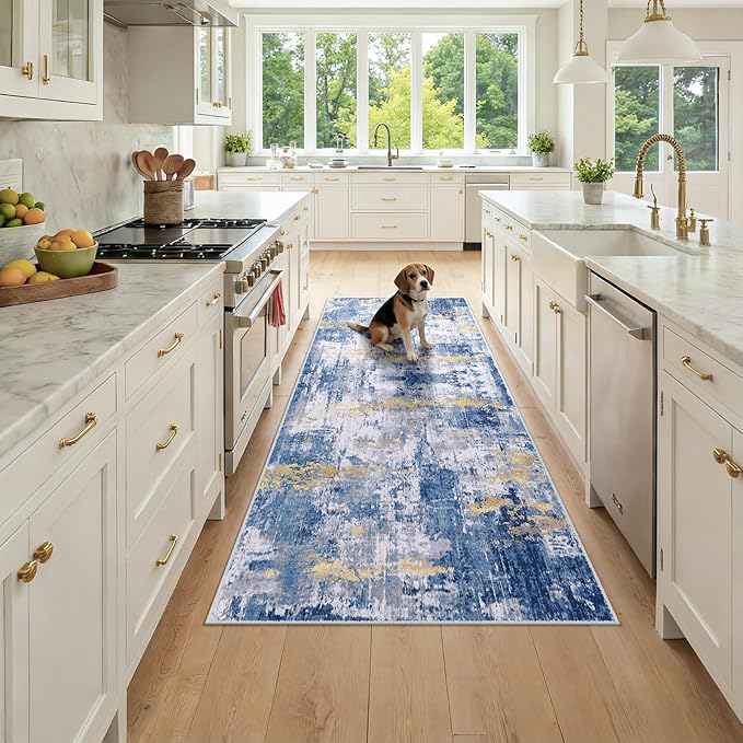 RELEANY Washable Area Rugs 3x7 Non-Slip Modern Abstract Soft for Living Room Entryway Bedroom Nursery, Print Pattern, Grey Blue Gold/Golden
