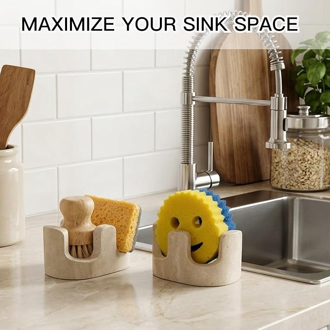 Travertine Sponge Holder for Kitchen Sink, 2-in-1 Sponge & Brush Holder, 2 Slot Natural Stone Sink Caddy for Countertop, Keeps Countertops Dry, Non-Slip Base, Elegant Kitchen Decor, Beige
