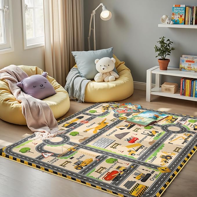 Construction Site Play Rug for Kids - Interactive Engineering Vehicles Faux Wool Carpet with Excavator & Digger Design, Non-Slip Educational Mat for Playroom, Bedroom Gifts (Boys & Girls)