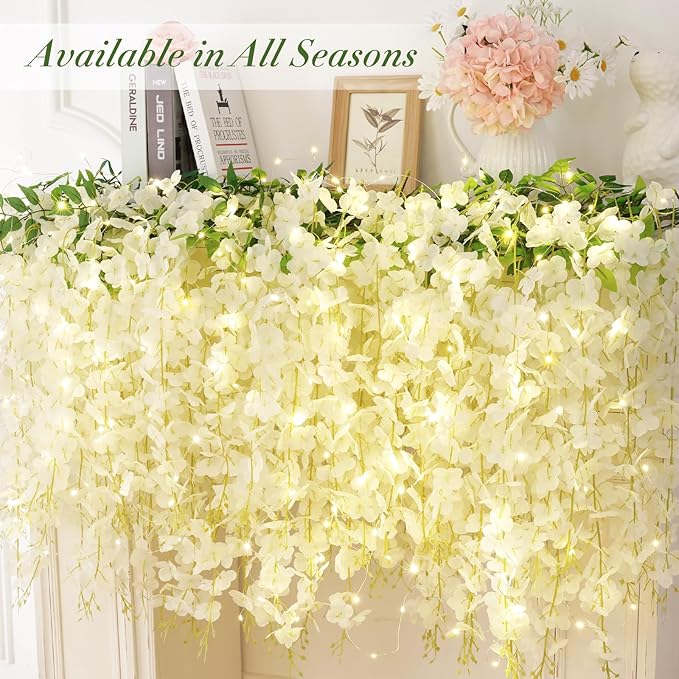 60 Pack White Wisteria Hanging Flowers, Fake Hanging Flowers for Decoration, Artificial Hanging Flowers, Vines for Bedroom, Flower Garland for Home, Party, Garden, Wall, Wedding Decoration(3.6 Ft/Pcs)