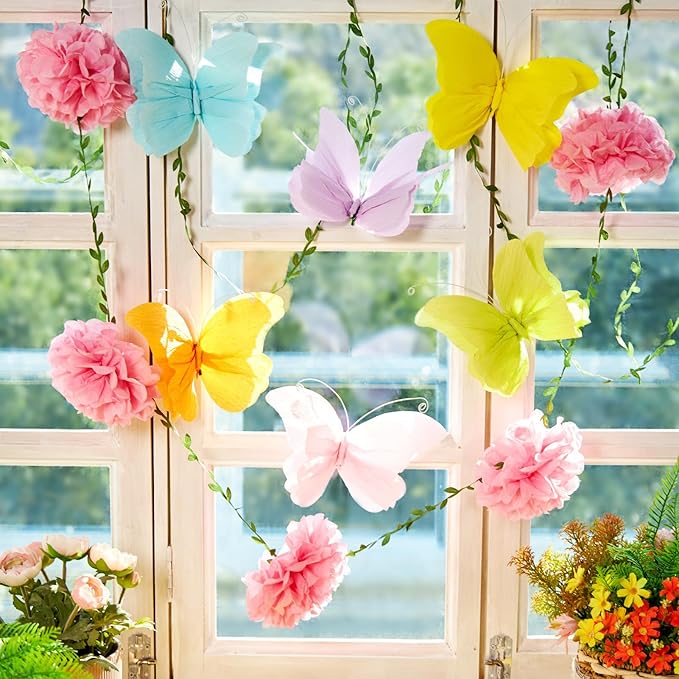 OBBOLO 3D Hanging Butterfly Decorations, Colorful Butterfly Birthday Party Decorations with Tissue Pompom Garland, 6 Pcs Paper Hanging Decorations for Girls, Women, Flower Garden Party Décor