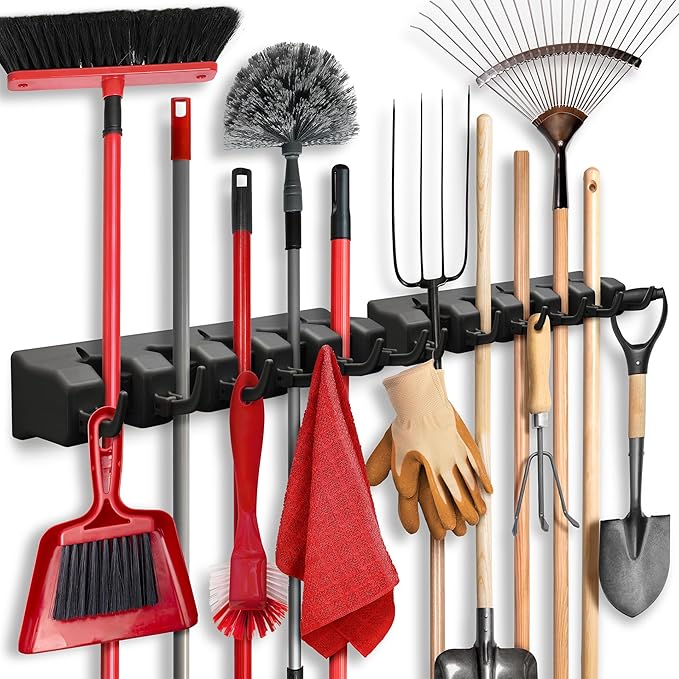 2 Pack Mop and Broom Holder Wall Mount - Garage Storage Organizer with 5 Slots, 6 Hooks, 7.5lbs Capacity Per Slot - Home, Kitchen, Closet, Laundry Room Organization – Black Broom Hanger