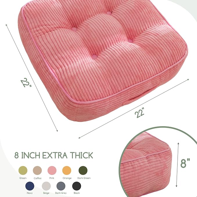 HIGOGOGO 8" Extra Thick Floor Pillow Cushion for Adults, Meditation Cushion Pillow, Large Square Floor Sitting, Tufted Corduroy Cover, for Tatami Living Room or Yoga, 22x22 Inch, Pink