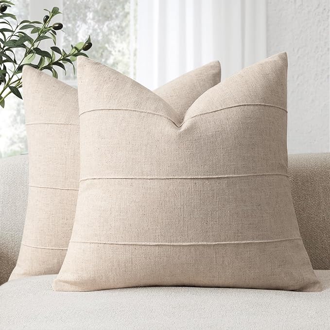 Decorative Linen Throw Pillow Covers 22x22 Set of 2 Solid handcrafted Striped Throw Pillows for Bed Soft Modern Farmhouse Neutral Pillowcase for Couch Bedroom Living Room Home Decor(Natural Beige)
