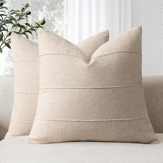 Decorative Linen Throw Pillow Covers 20x20 Set of 2 Solid handcrafted Striped Cushion Covers for Bed Soft Modern Farmhouse Neutral Pillowcase for Couch Bedroom Living Room Home Decor(Natural Beige)