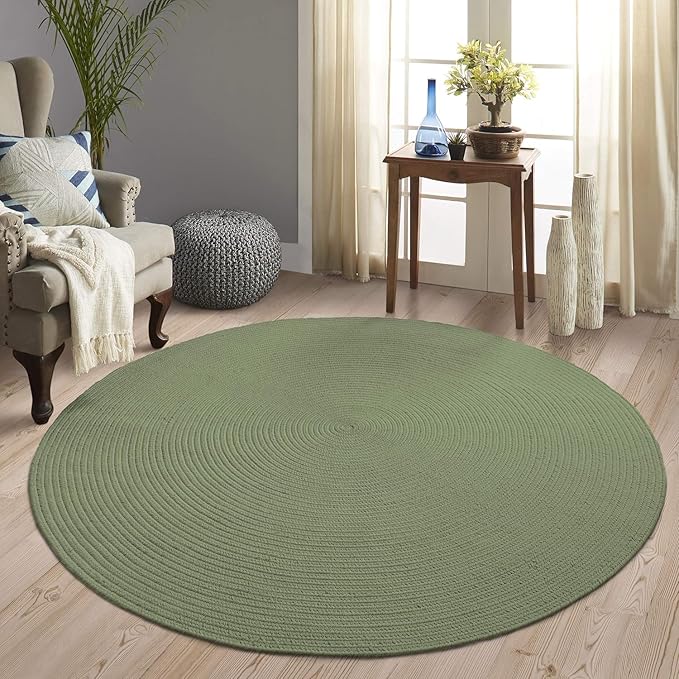Superior Indoor/Outdoor Area Rug, Reversible Braided Floor Decor for Living Room, Kitchen, Patio, Front Porch, Modern Boho Farmhouse Rugs, Hardwood, Bedroom Accessories, 4' Round, Fog Green