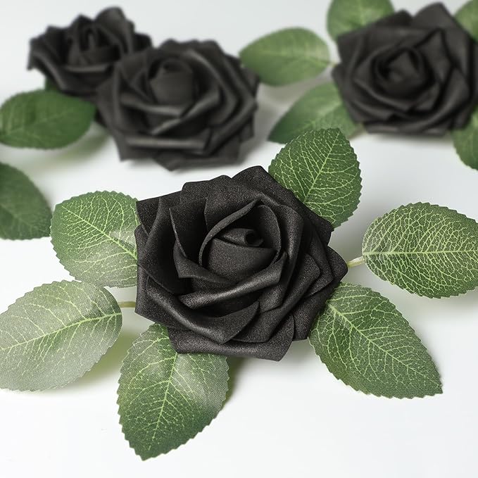 Mocoosy 50Pcs Black Roses Artificial Flowers, Fake Roses for Decorations, Real Touch Foam Rose Bulk with Stem Gothic Wedding Bouquet DIY Floral Arrangement Bridal Shower Mother's Day Party Table Decor
