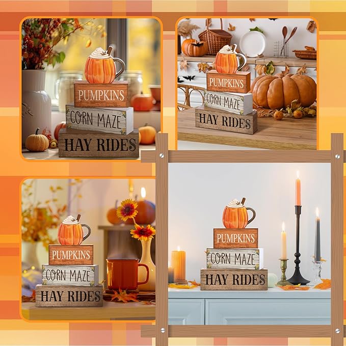 Lineshading 4 Pcs Thanksgiving Decorations for Home Thanksgiving Tiered Tray Decor Fall Cream Cups Table Decor Fall Centerpiece Rustic Cream Cups Block Sign Autumn Decorations for Home Kitchen Shelf