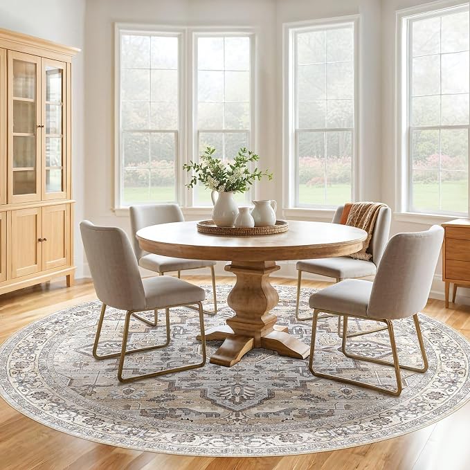Round Rug Living Room Rugs: 7x7 Washable Boho Neutral Large Circle Soft Indoor Distressed Stain Resistant Floor Farmhouse Carpet for Bedroom Nursery Kids Playroom Office Dining Room Dorm- Cream Gray