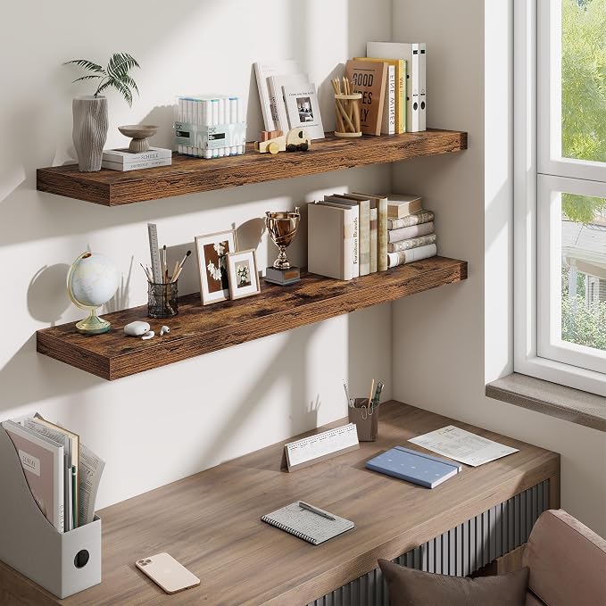 48 Inch Floating Shelves for Wall - 10 Inch Deep Fireplace Mantel Shelf - Wood Floating Shelf for Wall - Large Storage Shelves Wall-Mount for Living Room & Bedroom - Rustic Brown - Set of 2