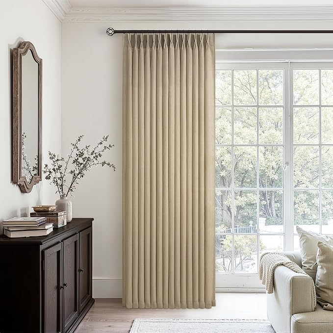 Pleated Linen Curtains 90 Inches Long for Living Room 2 Panels Rustic Farmhouse Khaki Thick Linen Textured Pinch Pleat Hooks Rings Back Tab Floor to Ceiling Semi Sheer Drapes Bedroom 90 Inch Taupe