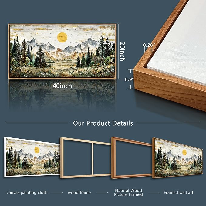 XIGUANGART Large Framed Canvas Print Wall Art,Wall Decor for Living Room,Mountain Pictures,Forest Wall Art,Modern Rustic Farmhouse Landscape Paintings for Bedroom Office Home Decoration, 20x40 IN