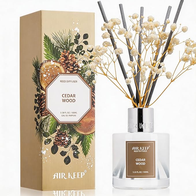 Airkeep Reed Diffuser Set,3.38 fl oz (100 ml) - Cedar Wood Oil Diffusers with 8 Reed Sticks, Home Fragrance Reed Diffuser for Bathroom Shelf Decor