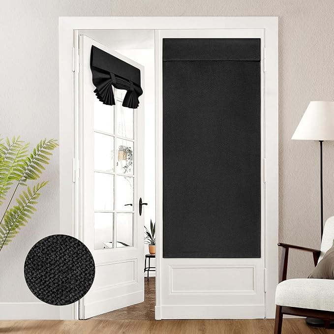 HOMEIDEAS 100% Black Linen Blackout French Door Curtains, Privacy Door Window Curtains, 30 X 68 Inch Room Darkening Blinds, Thermal Insulated Shades for Bedroom, 1 Panel