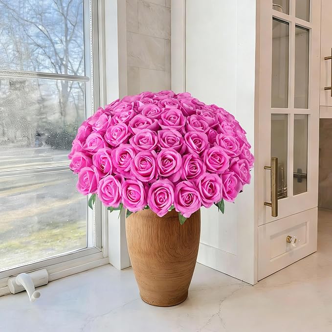 HyeFlora 50 PCS Roses Artificial Flowers, Fake Roses with Stem Realistic Hot Pink Silk Rose for DIY Wedding Bouquets Table Centerpieces Arrangements Baby Shower Birthday Home Decor for Her