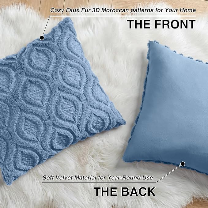 decorUhome Throw Pillow Covers 20x20 Inch Set of 2, Soft Plush Faux Wool Blue Solid Couch Pillow Covers, Accent Farmhouse Neutral Square Pillow Cases for Sofa Bed Living Room