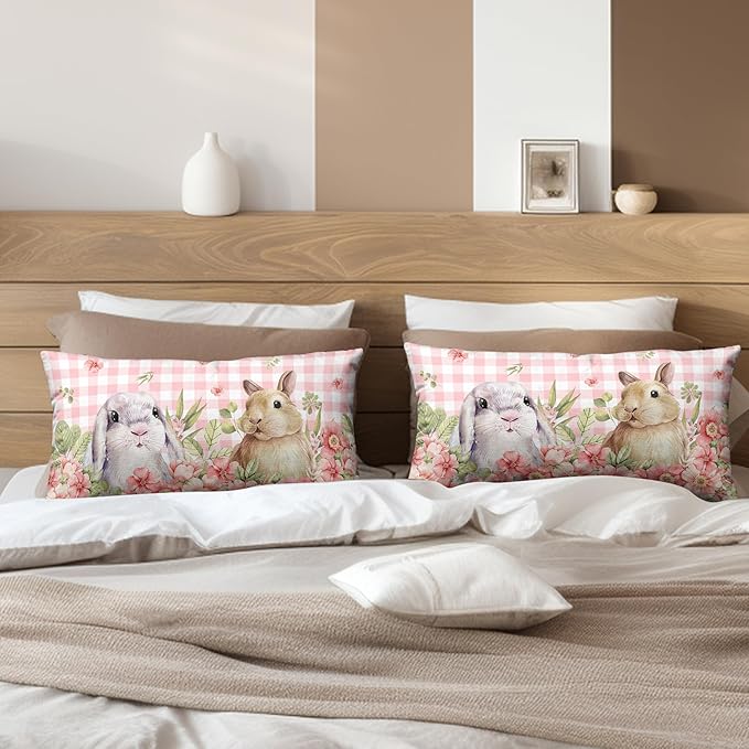 Easter Bunny Lumbar Pillow Covers 12x20 Set of 2 Spring Floral Decorative Pillowcase Cute Rabbit Cotton Linen Cushion Case Pink Plaid Throw Pillow Covers for Sofa Patio Outdoor