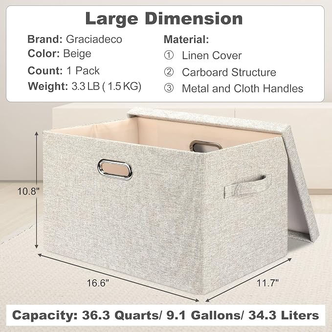 Graciadeco Large 17 36 Quart Collapsible Stackable Storage Bins with Lids, 1 Pack Beige Foldable Fabric Closet Storage Boxes with Lids, 4 Handles Toy Heavyduty Dark Gray Linen Storage Cube Box