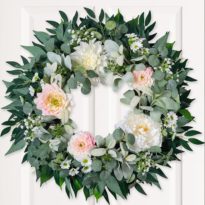 Spring Summer Wreath for Front Door, 22" Artificial Silk Peony Eucalyptus Floral Wreaths for Indoor Outdoor, Farmhouse Greenery Home Decor for Holiday Housewarming