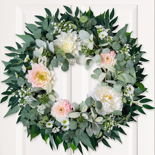 Spring Summer Wreath for Front Door, 22" Artificial Silk Peony Eucalyptus Floral Wreaths for Indoor Outdoor, Farmhouse Greenery Home Decor for Holiday Housewarming