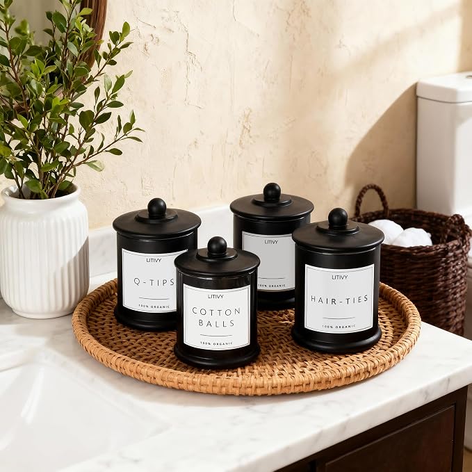 LITIVY 4 Pack Bathroom Organizers and Storage - 16 Oz Glass Qtip Holder & Cotton Pad Dispenser with Lid, Apothecary Jars for Home, Room Decor, Kitchen Organizer (Black)