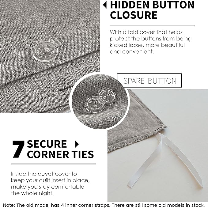 Simple&Opulence 100% Linen Duvet Cover Set 3pcs Basic Style Natural French Washed Flax Solid Color Soft Breathable Farmhouse Bedding with Button Closure - Dove Grey, King