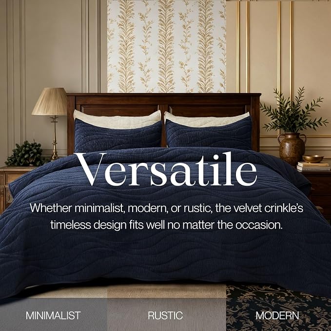 DOWN HOME Crinkle Textured Velvet Quilt Set with Shams, All-Season Luxury Modern Bedding,Easy Care Comforter,Ultra-Soft,Lightweight & Breathable, Queen, Imperial Blue