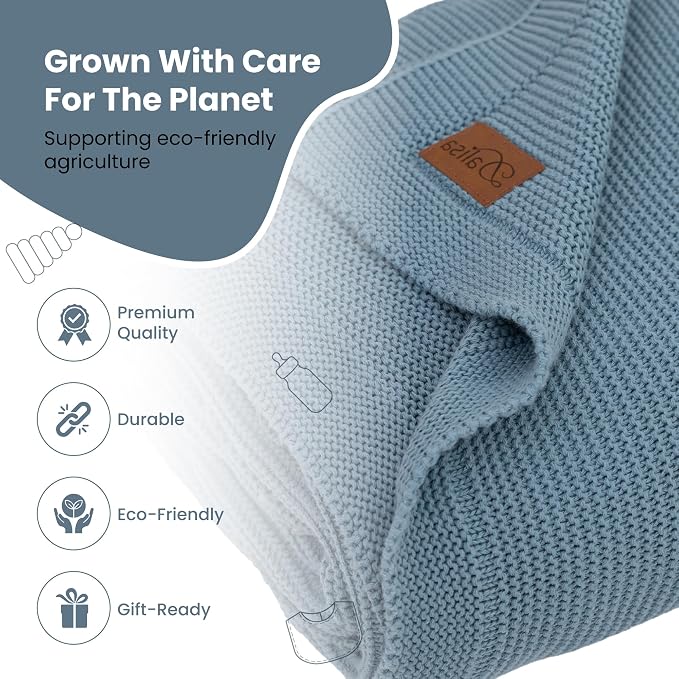 Dalisa 100% Organic Turkish Cotton Throw Blanket - GOTS Certified, Cozy - Perfect for Couch, Bed, and Home Decor - Boho Vintage Knit Alina (Smoke Blue, 80x90)