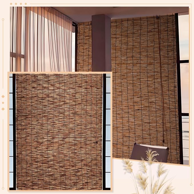Reed Roller Shades,2 Pcs 48" W x 72" H Waterproof Privacy Screen Bamboo Outdoor Blind, Reed Curtain for Porch, Patio, Yard, Windows (Brown)
