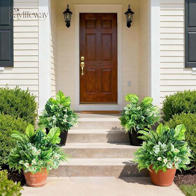 12 Bundles Artificial Plants Outdoor,UV Resistant Fake Greenery Stems with Large Shrubs Faux Plastic Plant for Outside Front Porch Planters Garden Window Box Patio Decor(Pot Not Included)
