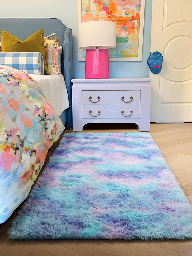 PAGISOFE Adorable Furry Rainbow Rugs for Bedroom Girls, 2x4 Soft Purple Shag Tent Rugs for Livingroom, Bedside, Kids Room, Nursery, Home Decor, Fluffy Fuzzy Carpet Plush Mermaid Kawaii Throw Pink Rug