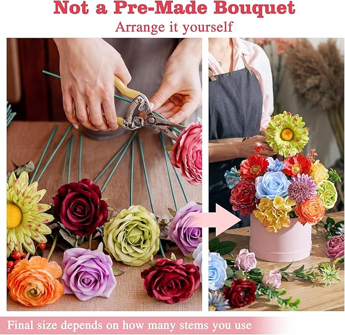 Artificial Flowers Combo Box, 38PCS Fake Flowers, Silk Flower Mix with Wire Stem, DIY Wedding Bridal Bouquet for Arrangement, Shower Party Home Décor, Multi Color