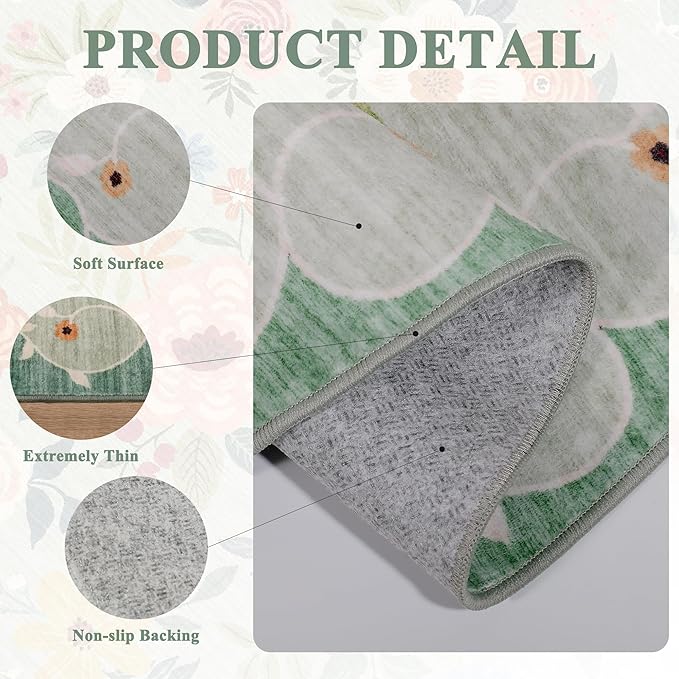 DUKINO Floral Round Rug, 6ft Washable Circle Rug, Non Slip Indoor Low Pile Circle Rug, Soft Small Boho Design Carpet for Bedroom, Entryway, Living Room, Dining Room, Green