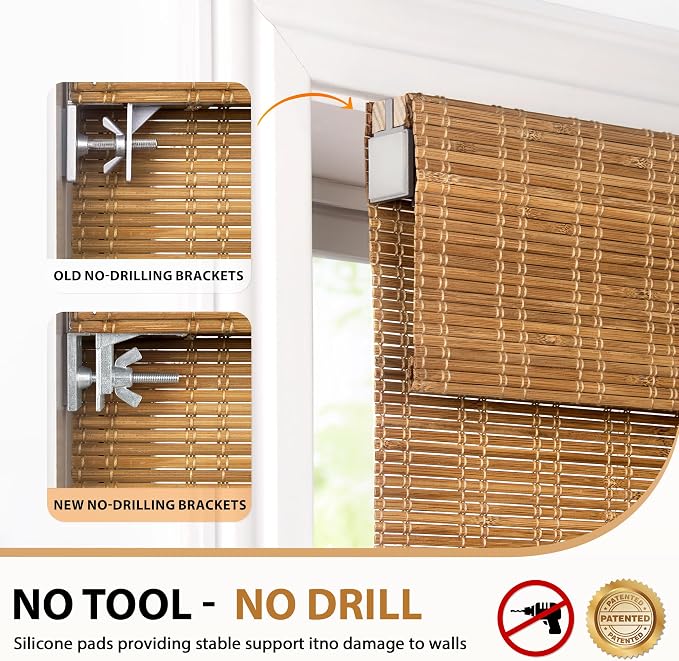 LazBlinds No Drill Bamboo Roman Shades, 27x64, Ceylon Light Russet | Light Filtering Window Treatment, No Tools Cordless Roll Up Bamboo Blinds for Window