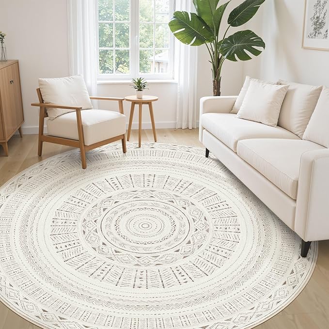 cotiled 8x8 Round Area Rug Living Room: Washable Boho Rugs with Non Slip Backing Large Soft Indoor Stain Resistant Carpet for Bedroom Farmhouse Dining Room Lightweight Home Decor L Brown/Cream