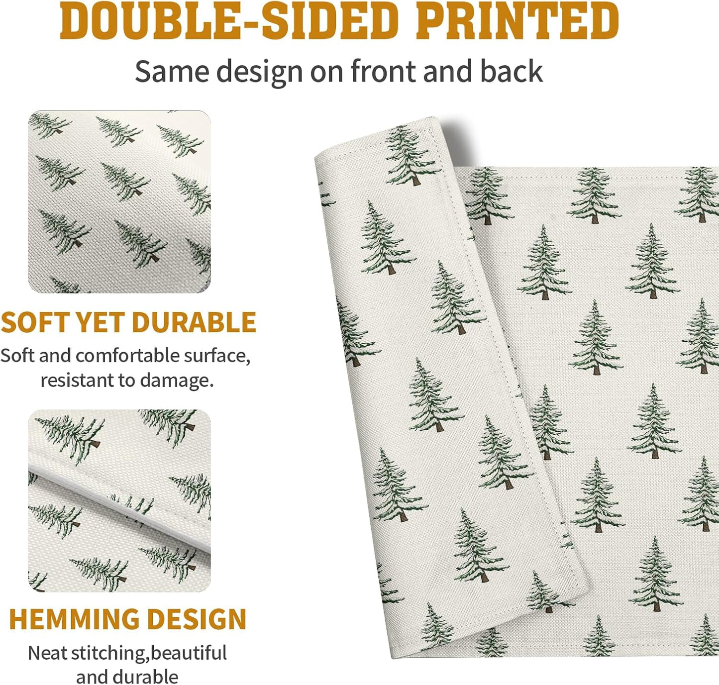 Pine Trees Christmas Placemats Set of 4 Xmas Tree Vintage Rustic Print Place Mats Winter Holiday Green White Farmhouse Linen Table Mats for Indoor Outdoor Kitchen Dining Party Decor
