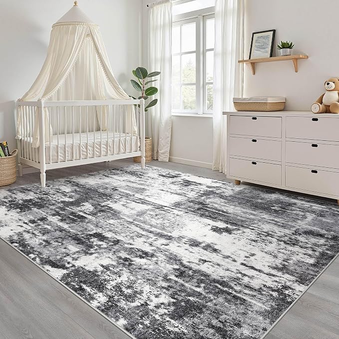 10x14 Area Rugs Living Room: Washable Large Neutral Rug Abstract Soft Modern Stain Resistant Indoor Floor Non-Slip Carpet for Bedroom Nursery Kids Office Playroom Dining Room Under Table- Black White
