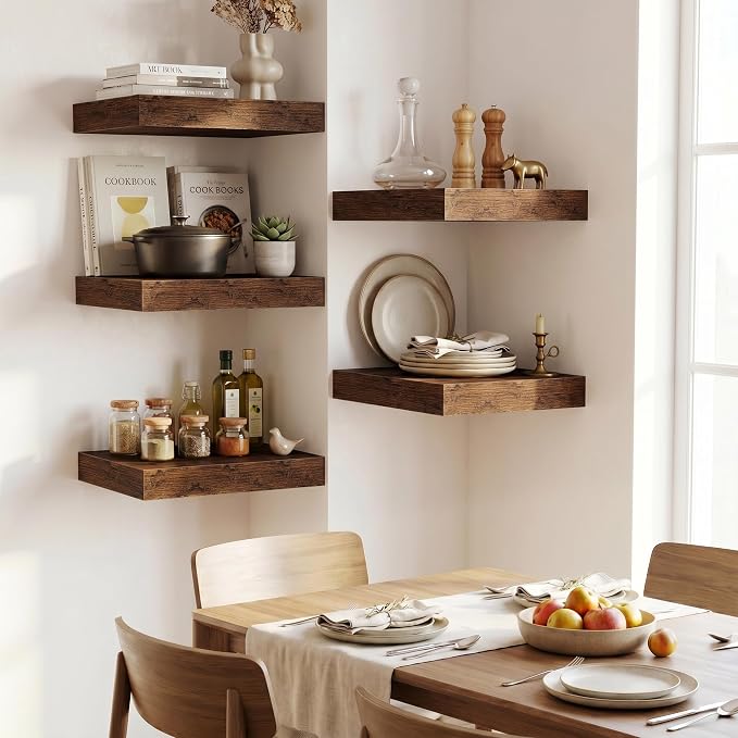 Fun Memories Wood Floating Shelves 16 Inch, 12 Inch Deep Shelves Wall Mount, Wall Shelves with Invisible Bracket, 16" Floating Shelves for Living Room Bathroom Bedroom, Rustic Brown, Set of 2